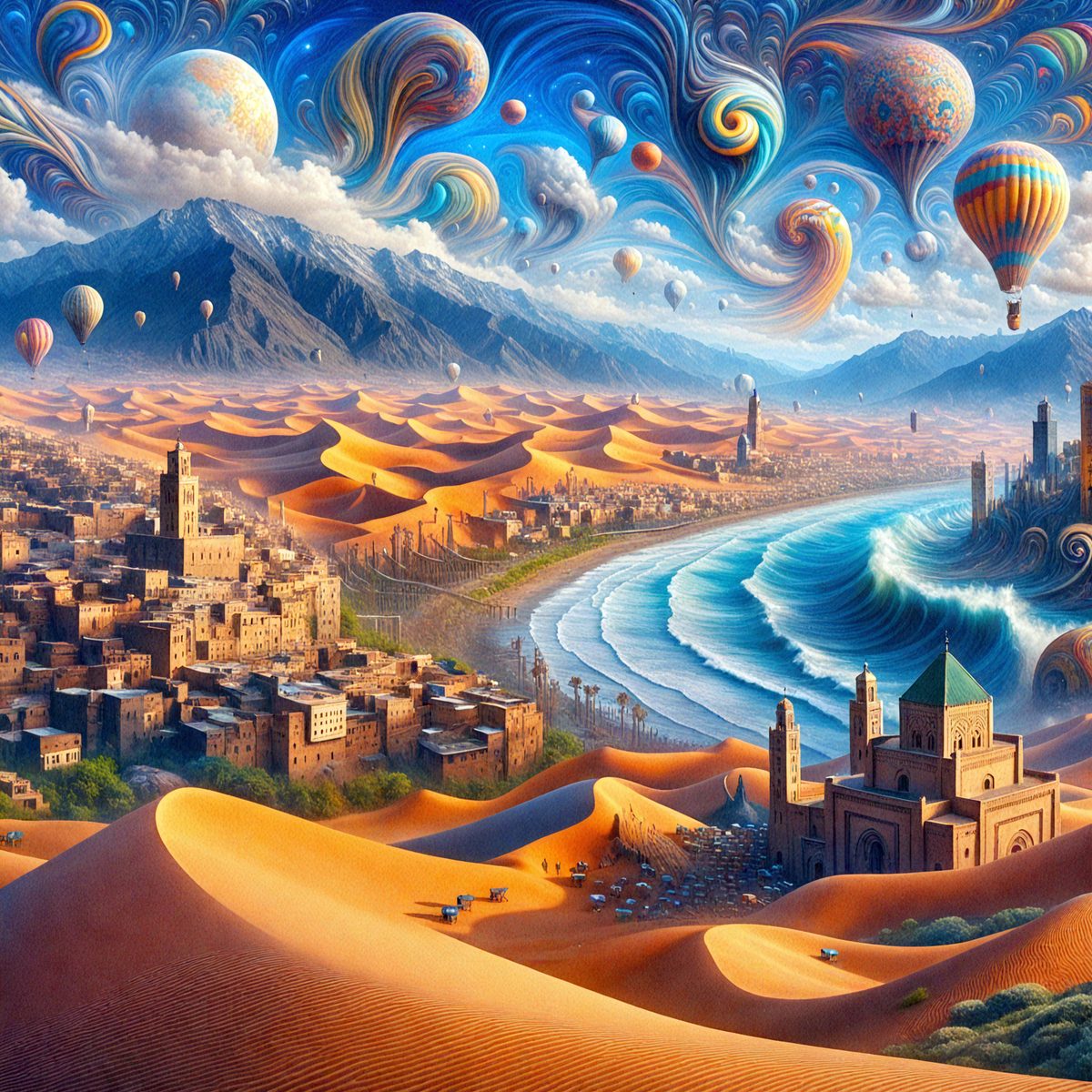 The primary subject of the image is a cityscape with a mountain in the background. The setting is a desert landscape, and the visual style is a digital art or illustration. The colors and mood of the image are warm and vibrant, with a focus on the orange hues of the desert.